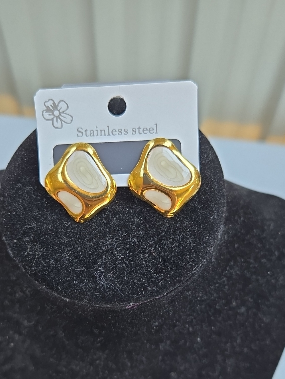Gold and Cream Stainless Steel Statement Stud Earrings